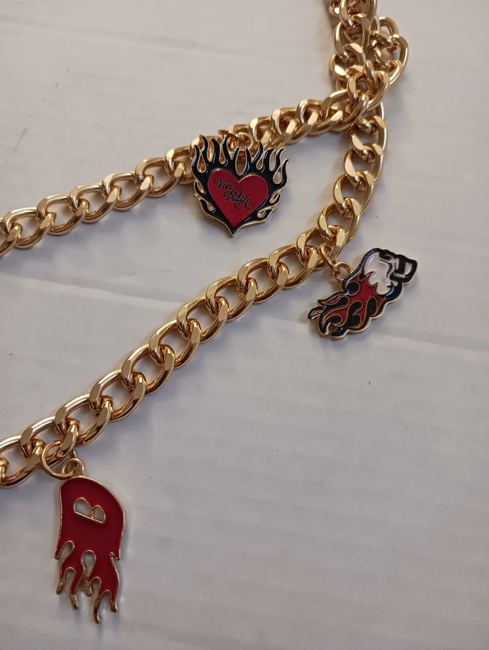 VON DUTCH Double Chain CHARM Belt Gold-tone Enamel Eyeball Flames Size S/M New